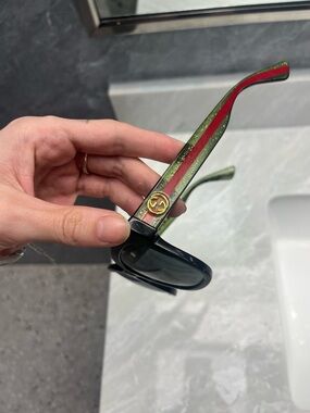 Gucci Black Sunglasses with Green and Red Stripe Temples and Gold GG Accent